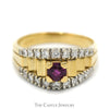 Round Rhodalite Garnet Ring with Diamond Accents in 18k Yellow Gold Ridged Mounting - Thumbnail 1
