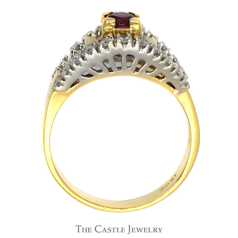 Round Rhodalite Garnet Ring with Diamond Accents in 18k Yellow Gold Ridged Mounting