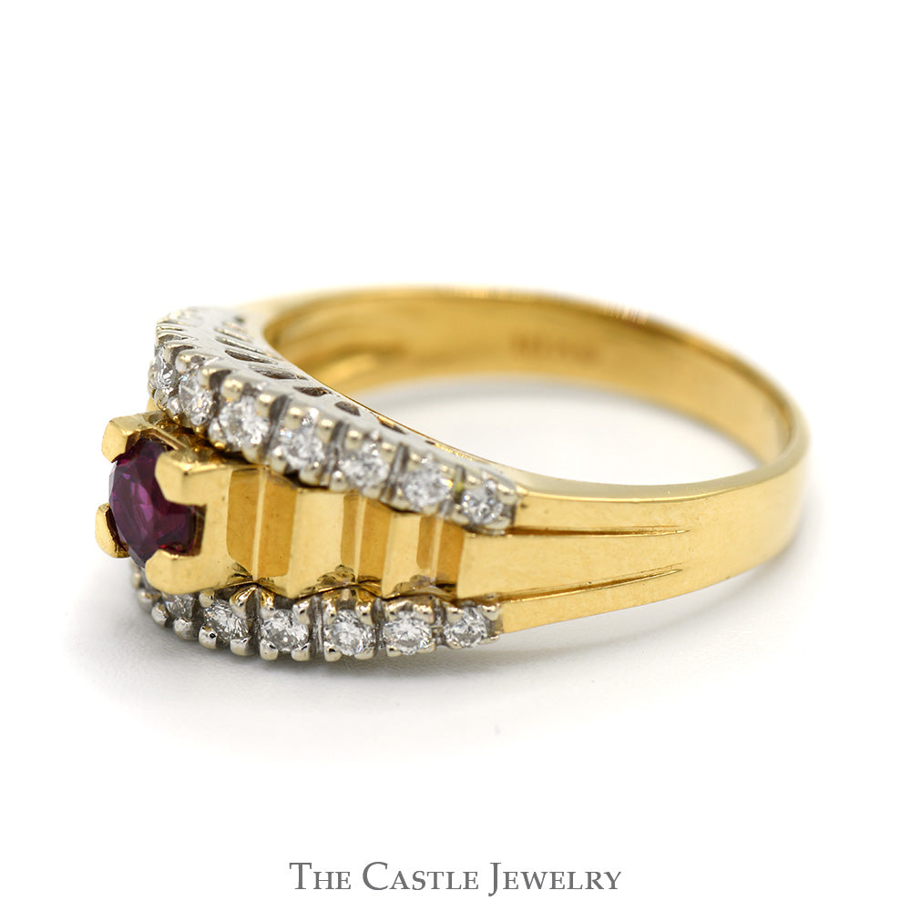 Round Rhodalite Garnet Ring with Diamond Accents in 18k Yellow Gold Ridged Mounting