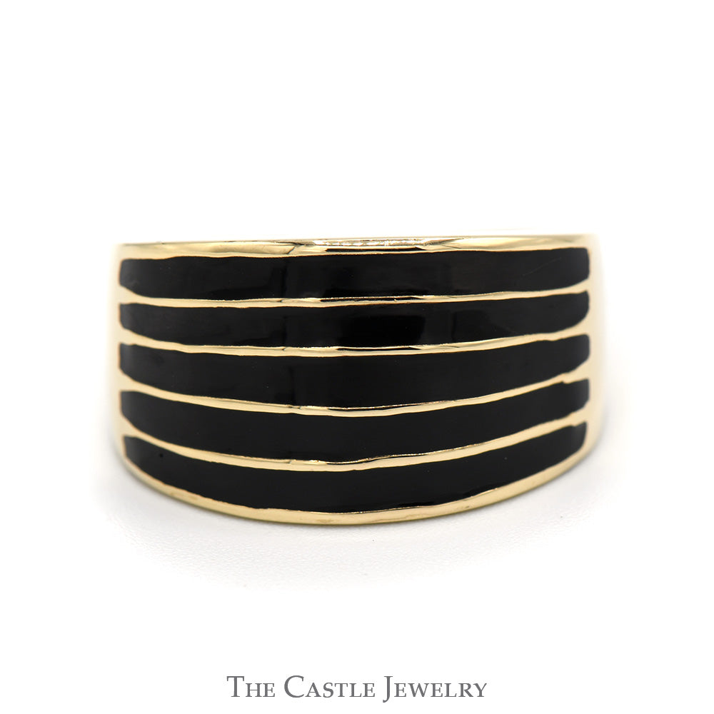 5 Row Black Enamel Striped Ring in 14k Yellow Gold Tapered Setting
