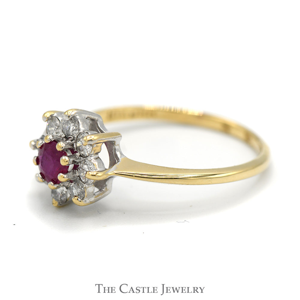 Round Ruby Ring with Diamond Halo in 10k Yellow Gold