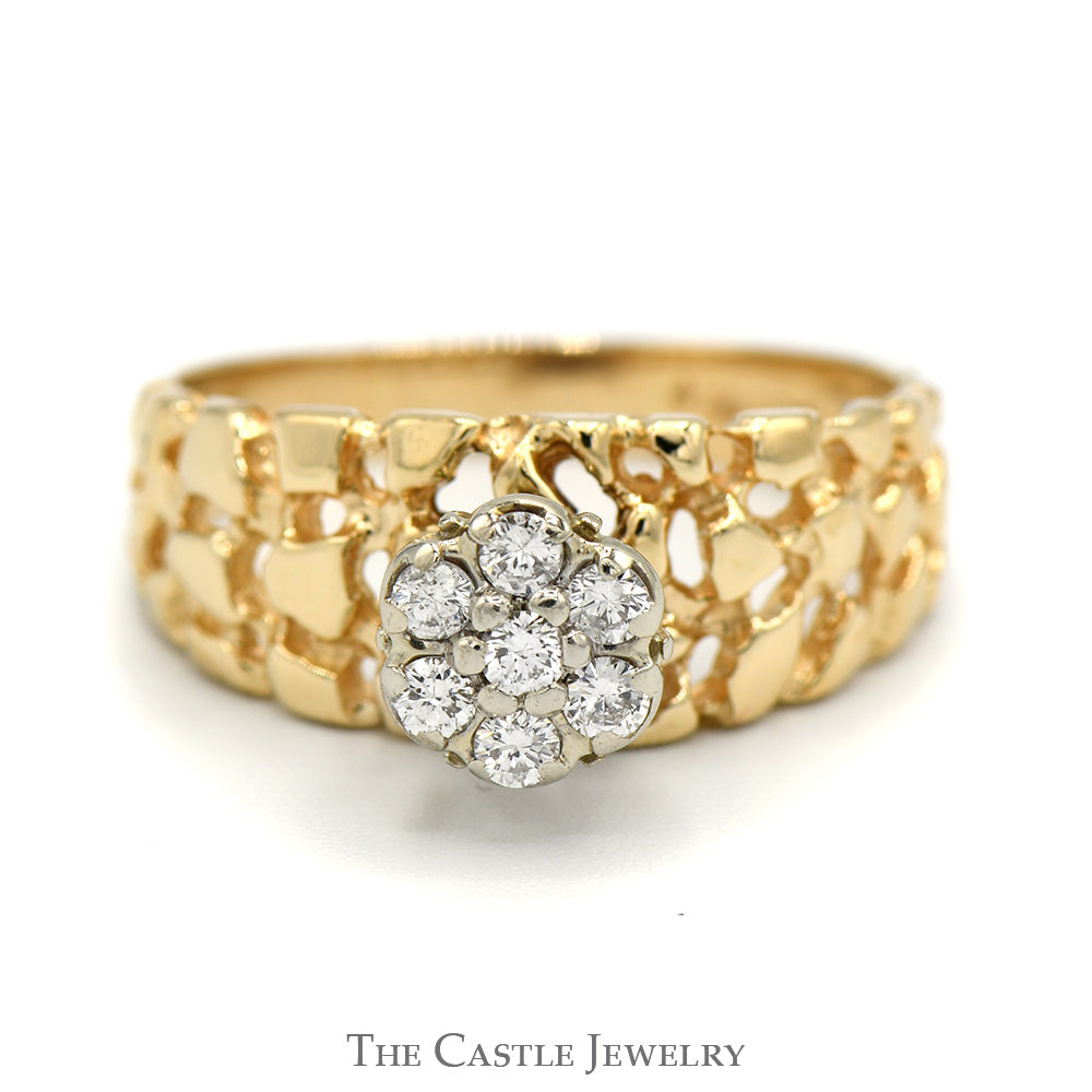 Diamond Cluster Ring with Nugget Designed Sides in 14k Yellow Gold