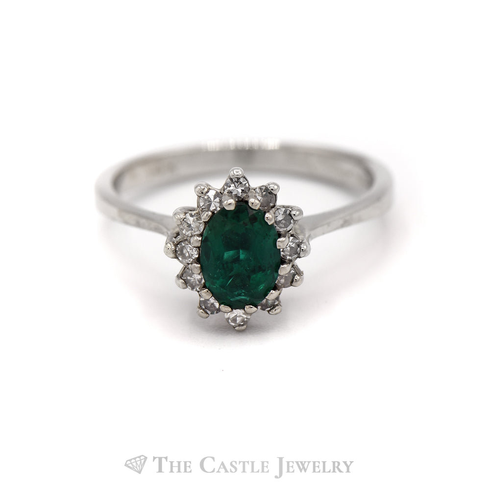 Oval Emerald with Diamond Halo Ring in 14KT White Gold