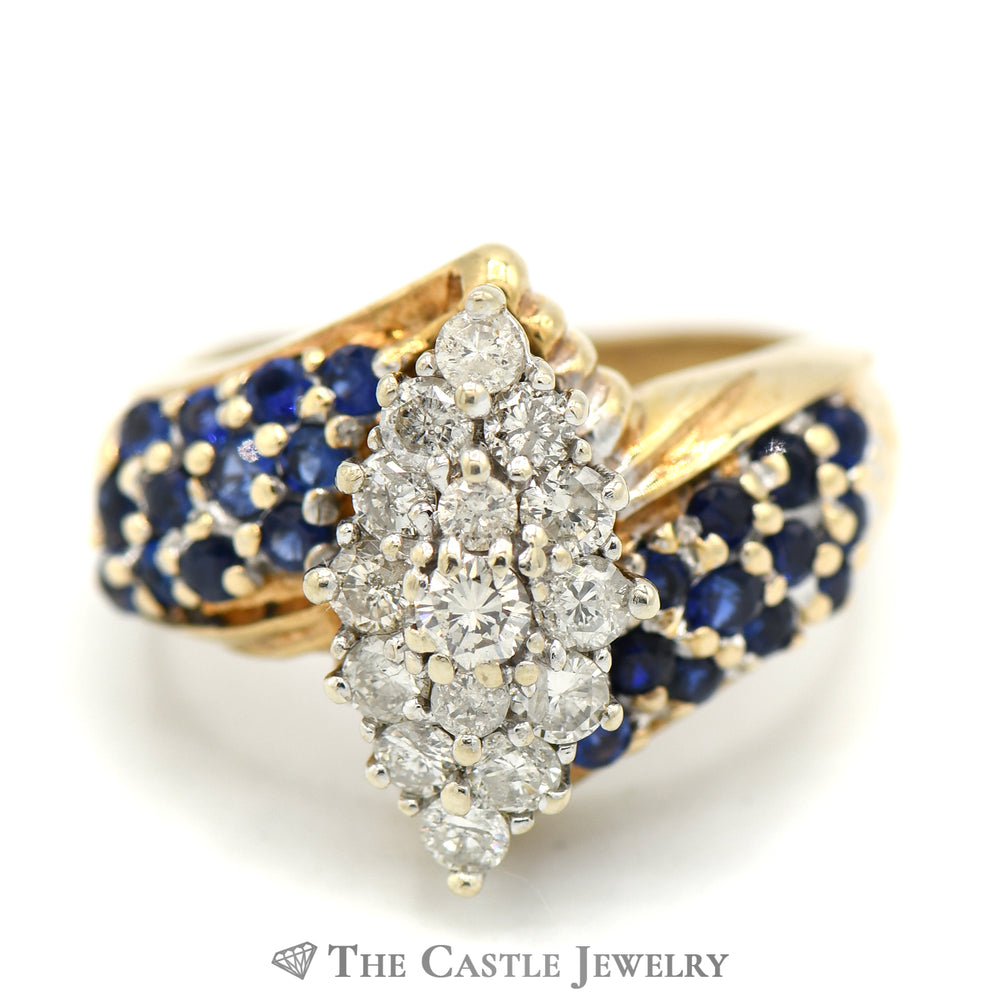 Marquise Shaped Diamond Cluster and Synthetic Sapphire Cluster Ring in 10k Yellow Gold
