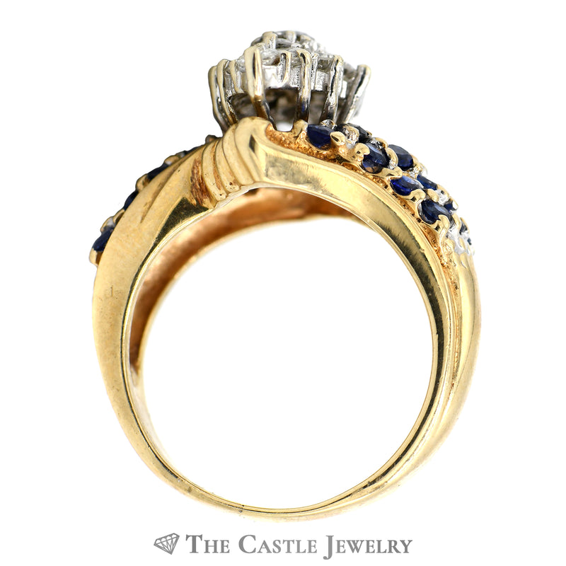 Marquise Shaped Diamond Cluster and Synthetic Sapphire Cluster Ring in 10k Yellow Gold