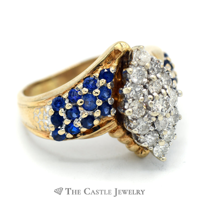 Marquise Shaped Diamond Cluster and Synthetic Sapphire Cluster Ring in 10k Yellow Gold