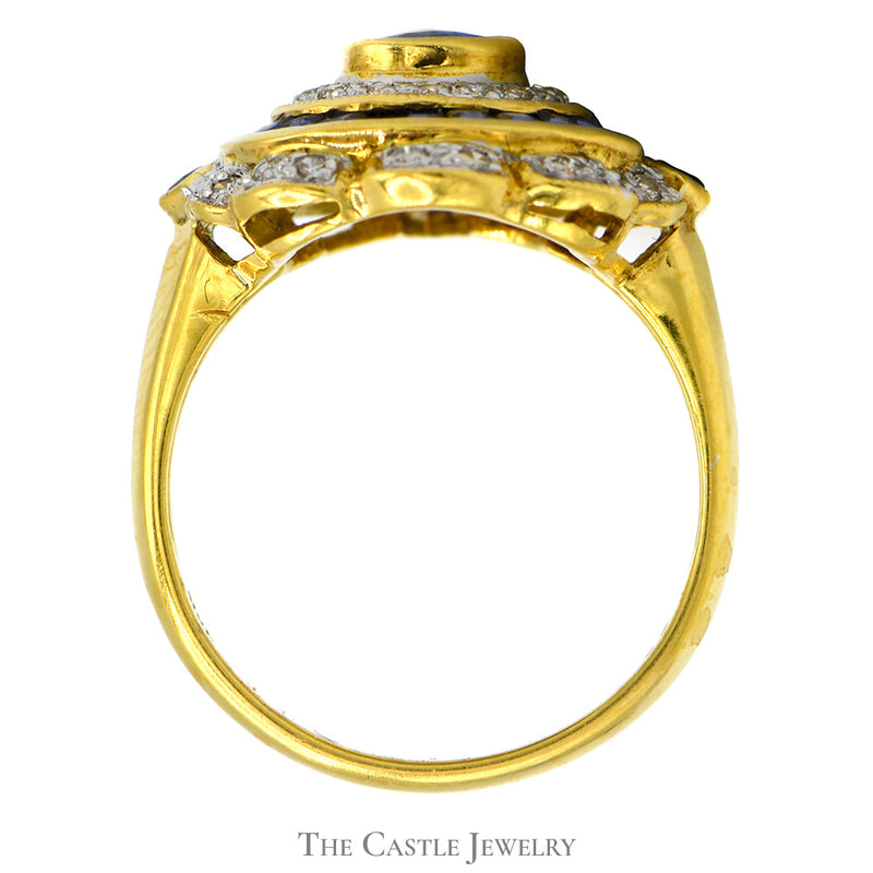 Pear Shaped Sapphire Ring with Diamond & Sapphire Halo in 18k Yellow Gold