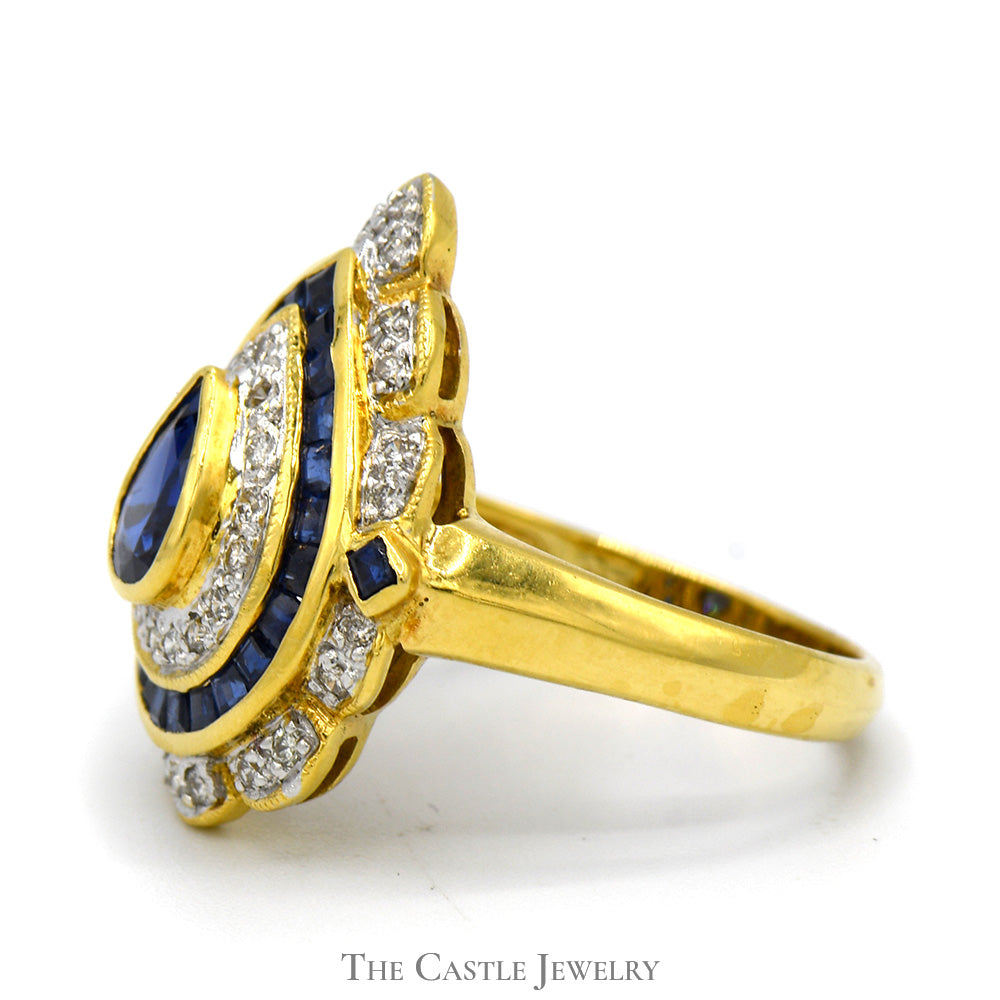Pear Shaped Sapphire Ring with Diamond & Sapphire Halo in 18k Yellow Gold