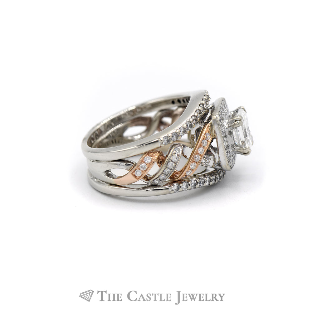 1.25 ct - Square Moissanite - Double Halo - Twisted Band - Vintage Inspired  - Pave - Wedding Ring Set in 18K Rose Gold over Silver