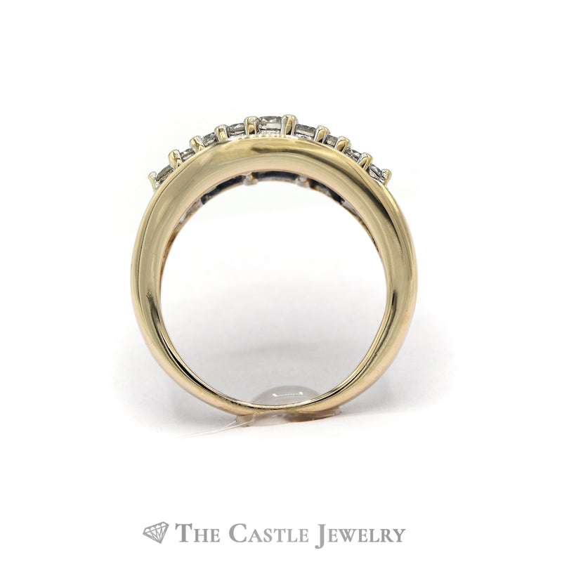 .50CTTW Round Diamond and Baguette Sapphire Concaved Designed Ring in 14KT Yellow Gold