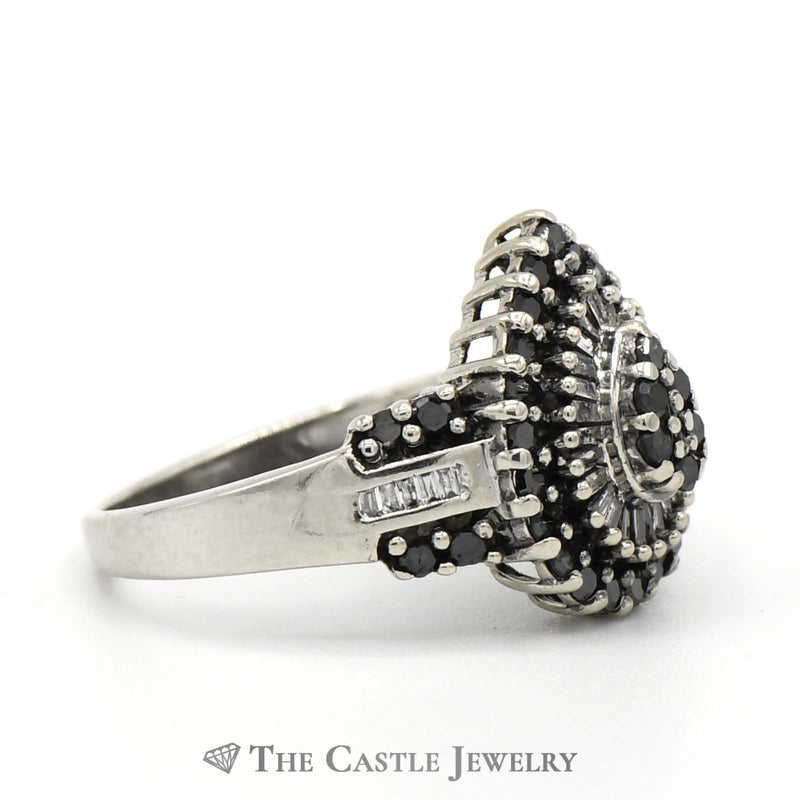 1cttw Black & White Diamond Pear Shaped Cluster Ring in 14k White Gold