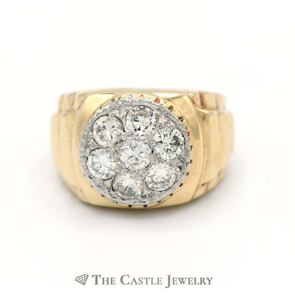 7 Diamond Cluster Ring in 14k Yellow Gold Ridged Style Sides