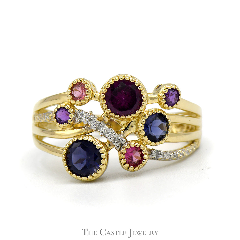 Multi Colored Gemstone Cluster Ring with Diamond Accents in 14k Yellow Gold Open Crossover Band
