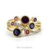 Multi Colored Gemstone Cluster Ring with Diamond Accents in 14k Yellow Gold Open Crossover Band - Thumbnail 1