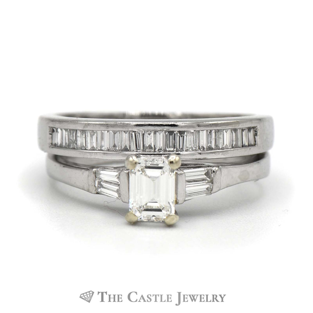 Emerald Cut Diamond Engagement Ring and Diamond Band Bridal Set in Platinum