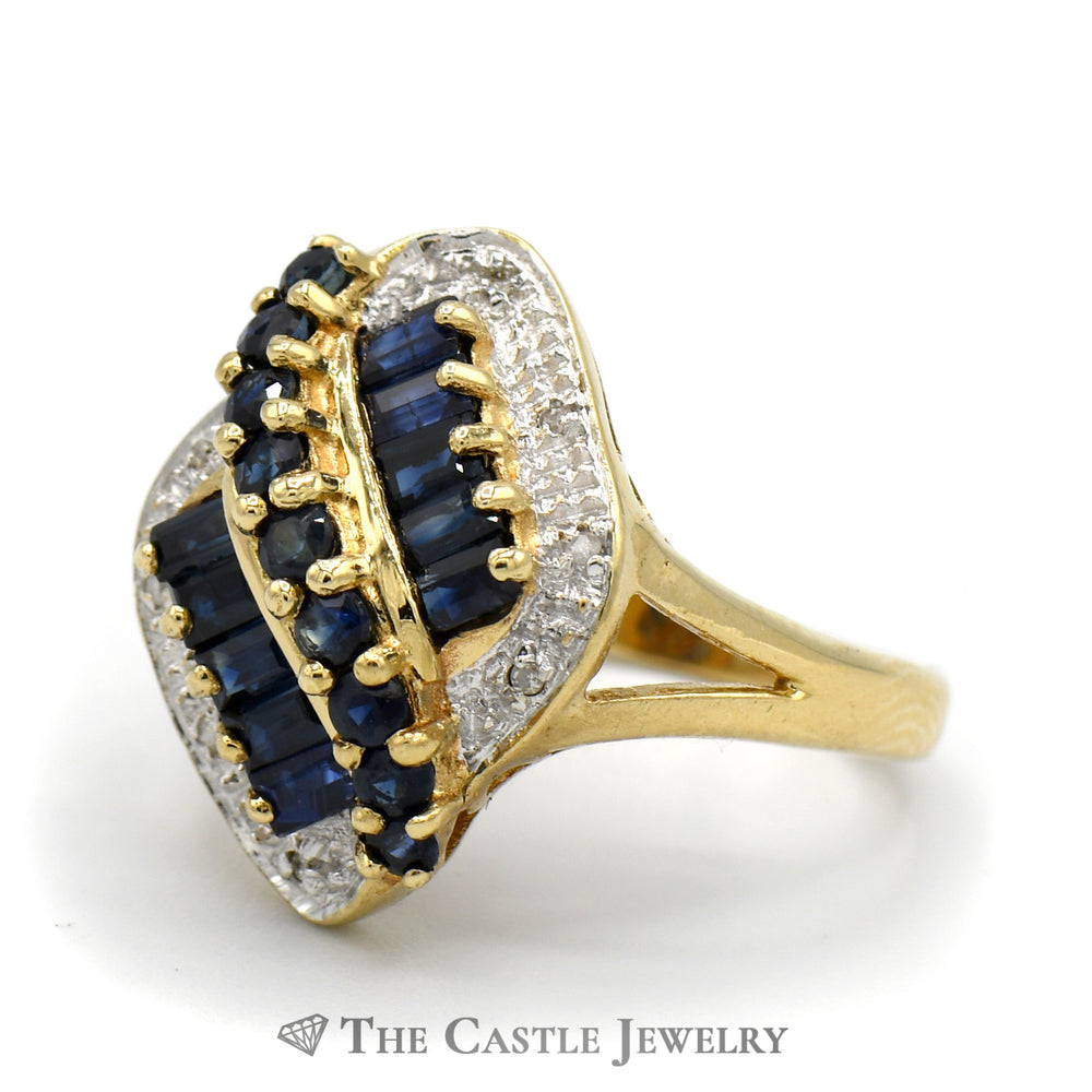 Round and Baguette Sapphire Cluster Ring with Illusion Set Diamond Accents in 10k Yellow Gold