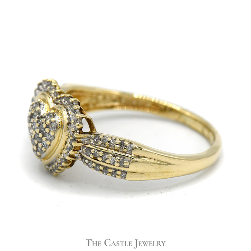 1/2cttw Heart Shaped Diamond Cluster Ring with Diamond Halo and Accents in 10k Yellow Gold