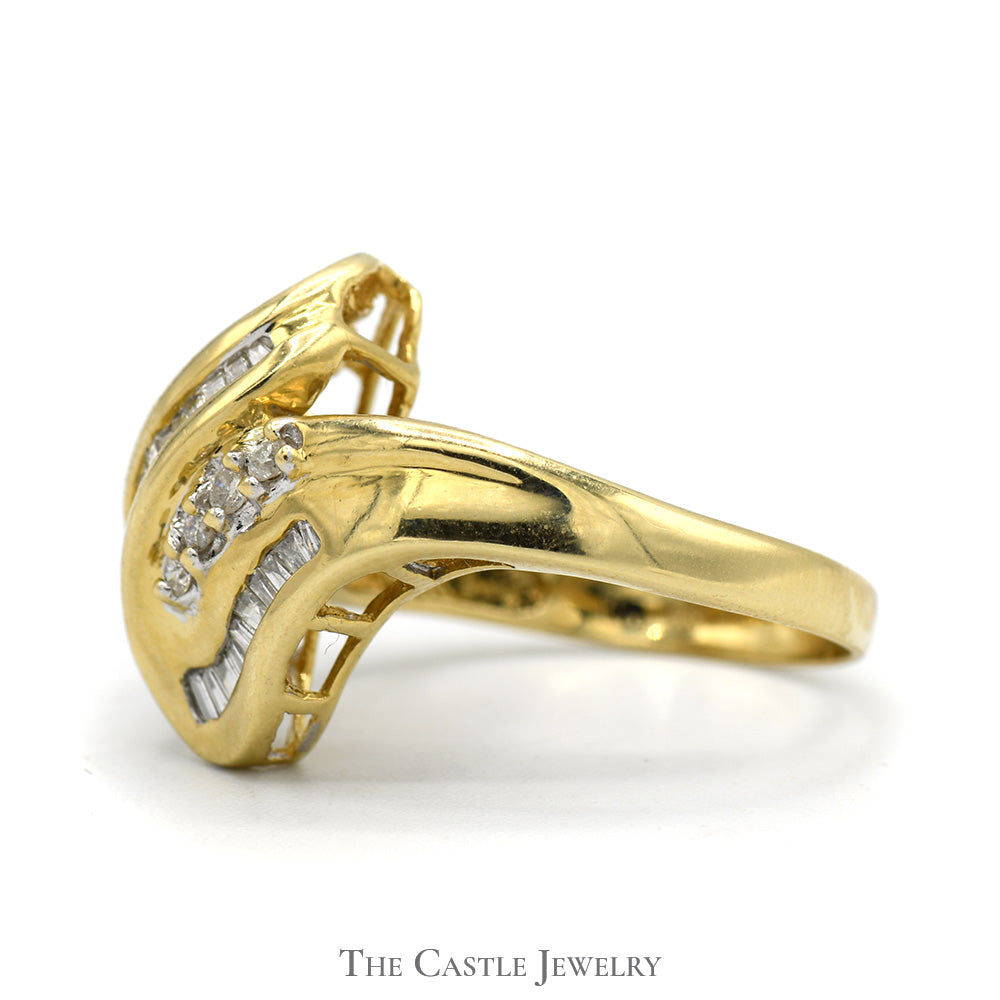 Channel Set Baguette and Round Diamond Swirled Ring in 14k Yellow Gold