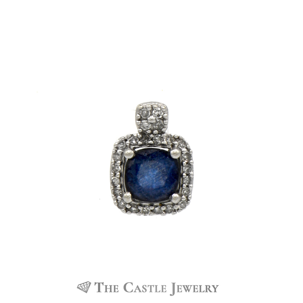 Round Sapphire Pendant with Diamond Halo and Bail in 10k White Gold