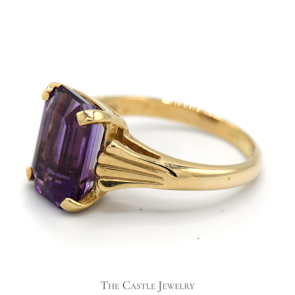 Emerald Cut Amethyst Ring with Fanned Sides in 14k Yellow Gold