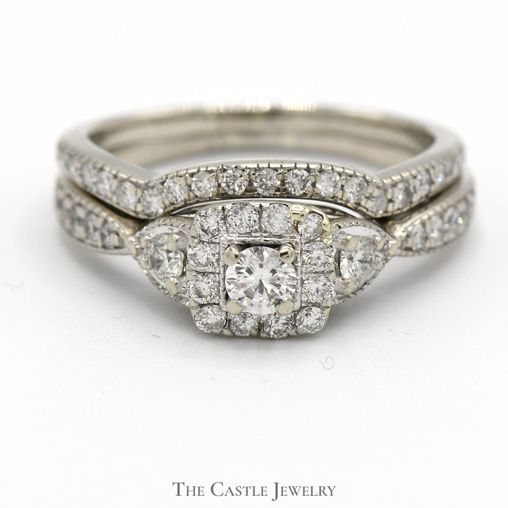 1cttw Diamond Bridal Set with Diamond Accents and Matching Curved Band in 14k White Gold