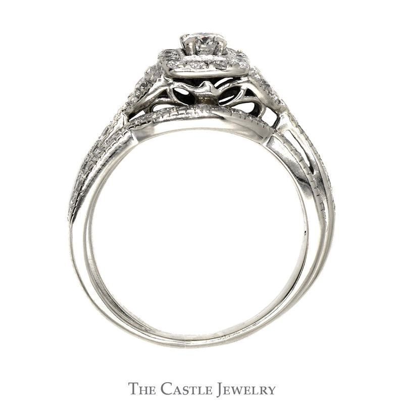 1cttw Diamond Bridal Set with Diamond Accents and Matching Curved Band in 14k White Gold