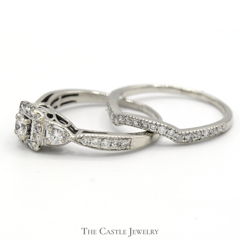 1cttw Diamond Bridal Set with Diamond Accents and Matching Curved Band in 14k White Gold