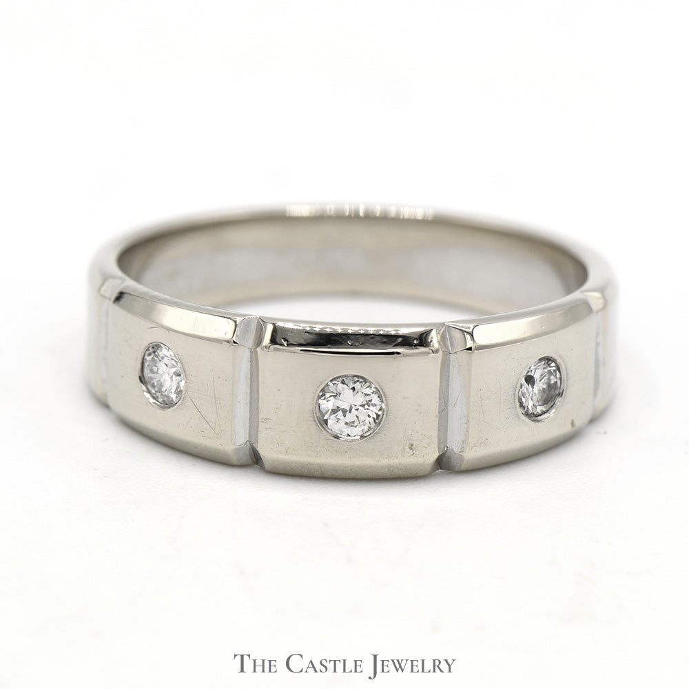 Flat Set Triple Diamond Band with Grooved Design in 14k White Gold