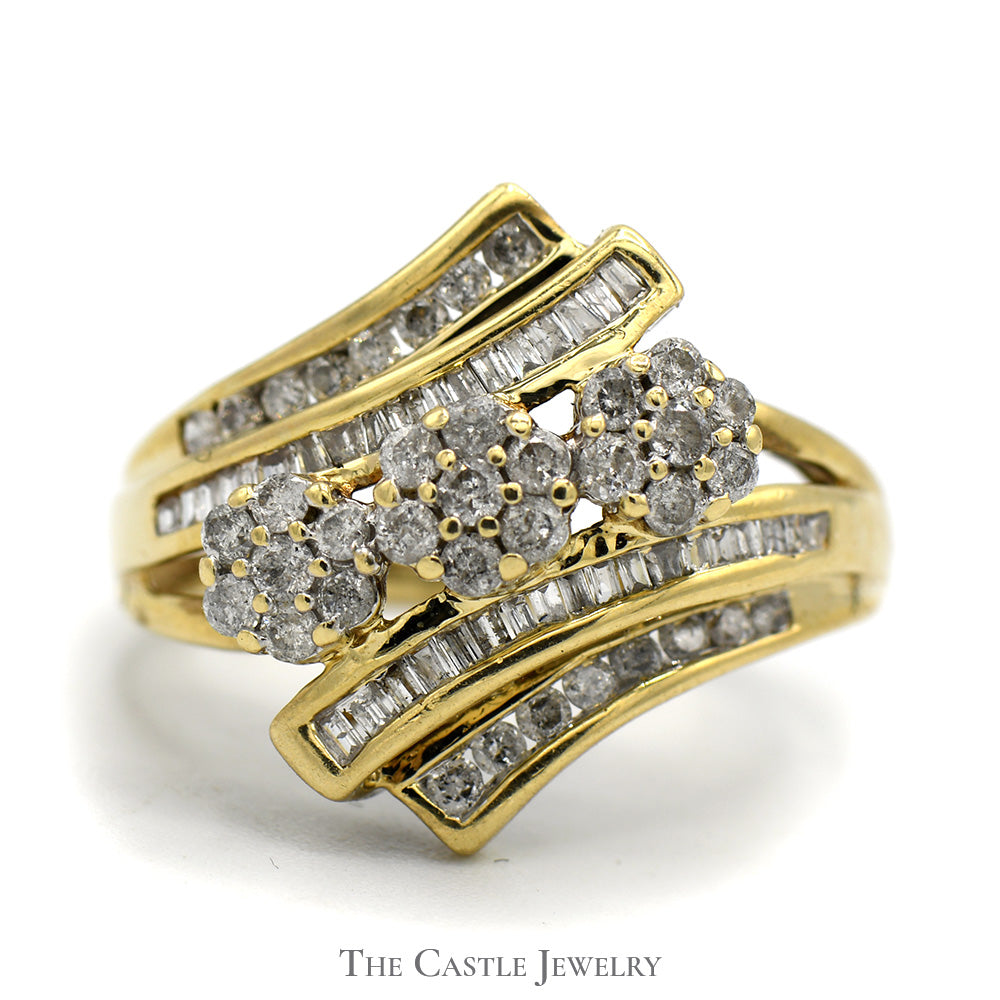 Triple Flower Cluster Ring with Baguette and Round Diamond Accents in 10k Yellow Gold