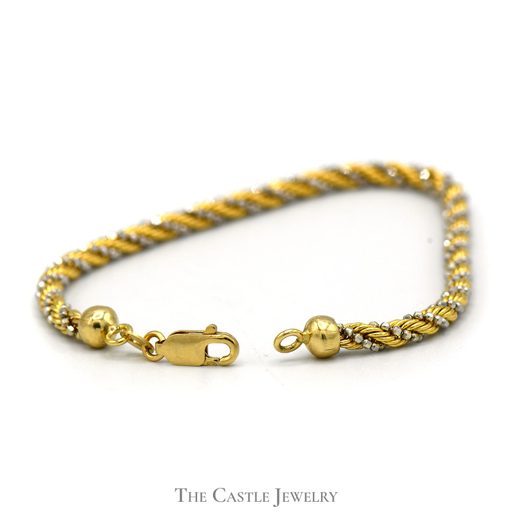 7 Inch Two Tone Intertwined Rope and Beaded Chain Bracelet in 14k Yellow and White Gold