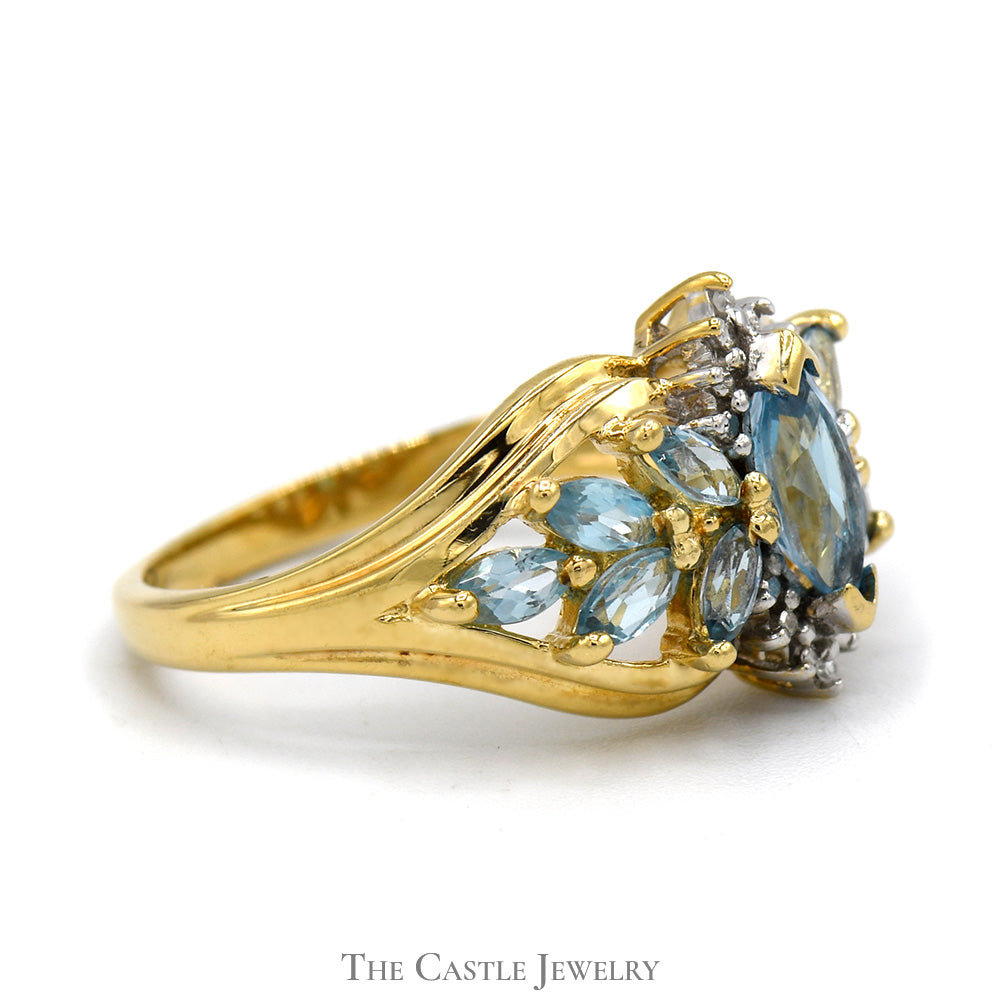 Marquise Cut Blue Topaz Ring with Blue Topaz Cluster and Diamond Accents in 10k Yellow Gold
