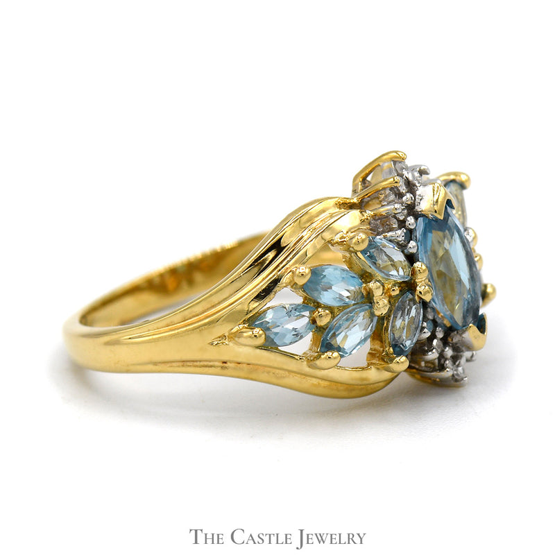 Marquise Cut Blue Topaz Ring with Blue Topaz Cluster and Diamond Accents in 10k Yellow Gold
