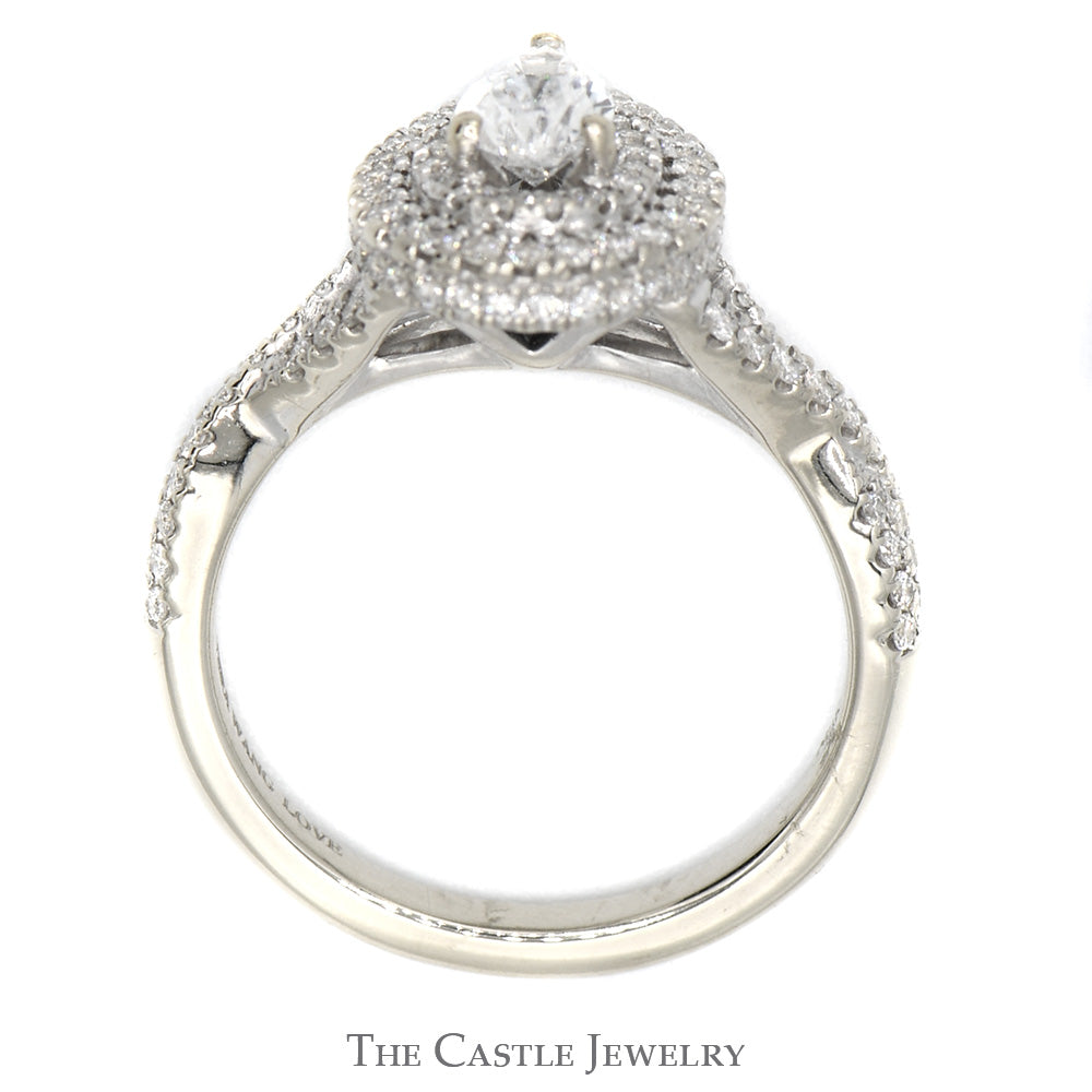 Vera Wang "Love Collection" Designer Pear Cut Engagement Ring with Double Halo and Accents in 14k White Gold