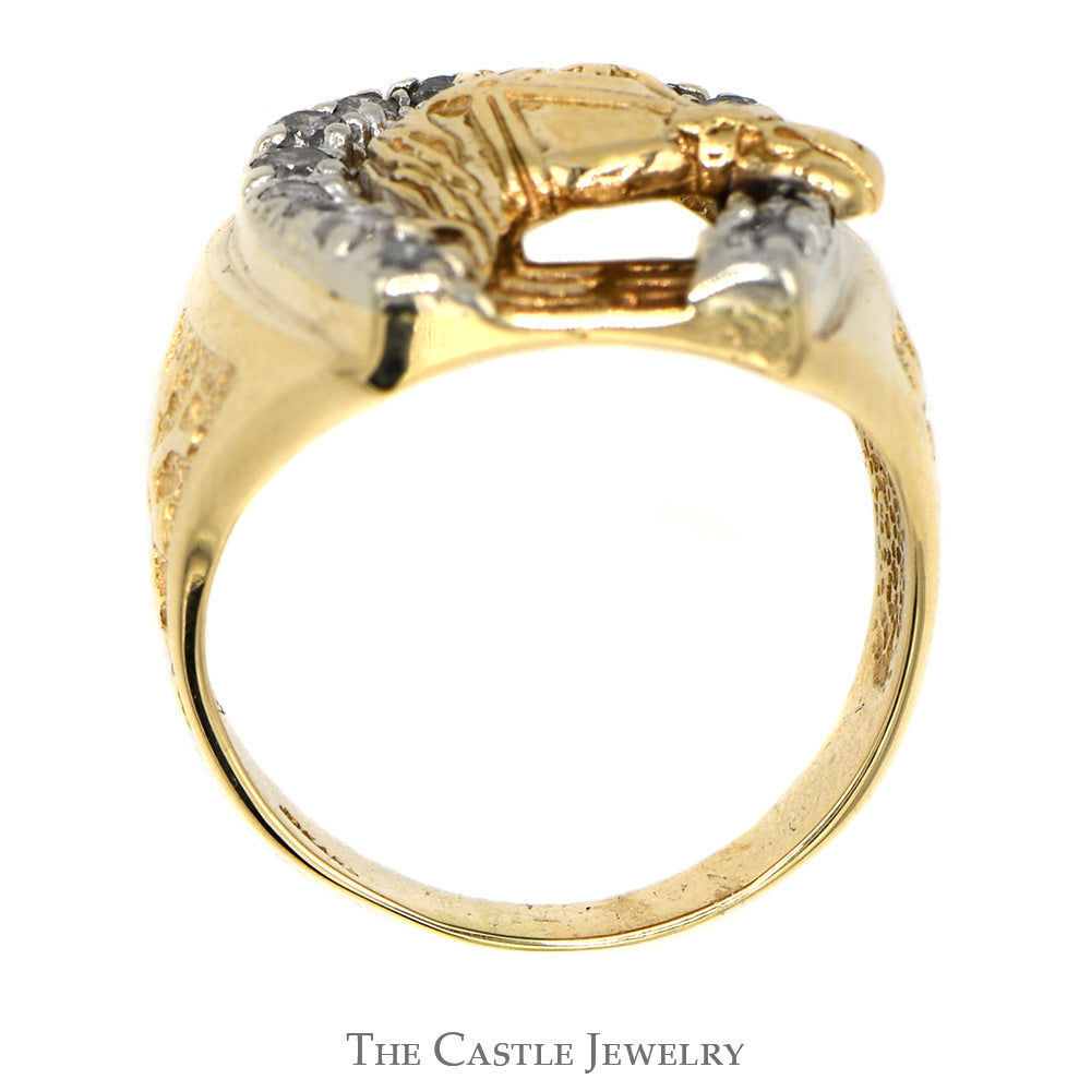 Horse Head in Diamond Horseshoe Equestrian Ring in 10k Yellow Gold
