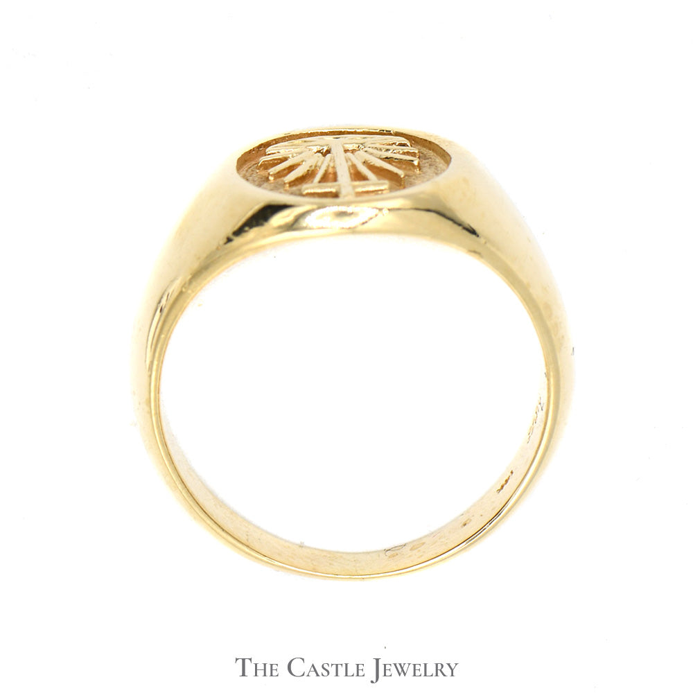 Oval Signet Ring with Cross in Front of Sunrise Design in 14k Yellow Gold