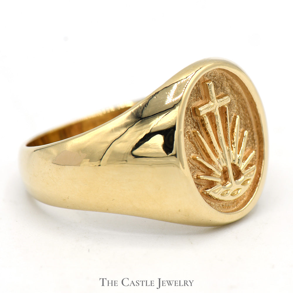 Oval Signet Ring with Cross in Front of Sunrise Design in 14k Yellow Gold