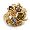 Multi Gemstone Cluster Ring with Floral Vine Design in 10k Yellow Gold - Thumbnail 1