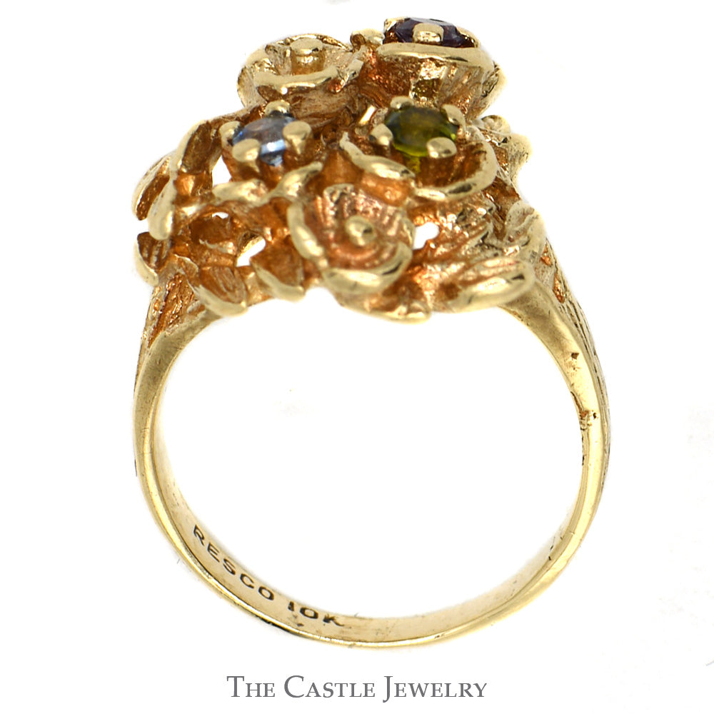 Multi Gemstone Cluster Ring with Floral Vine Design in 10k Yellow Gold