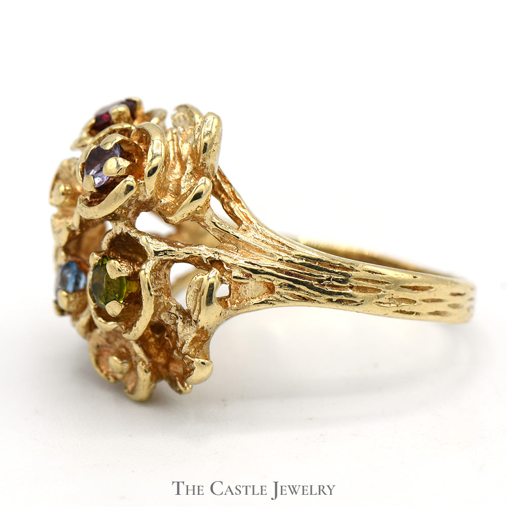 Multi Gemstone Cluster Ring with Floral Vine Design in 10k Yellow Gold
