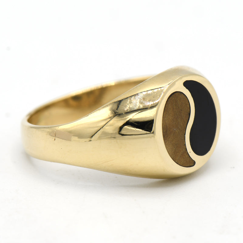 Tan and Black Enamel Yin Yang Ring in 14k Yellow Gold