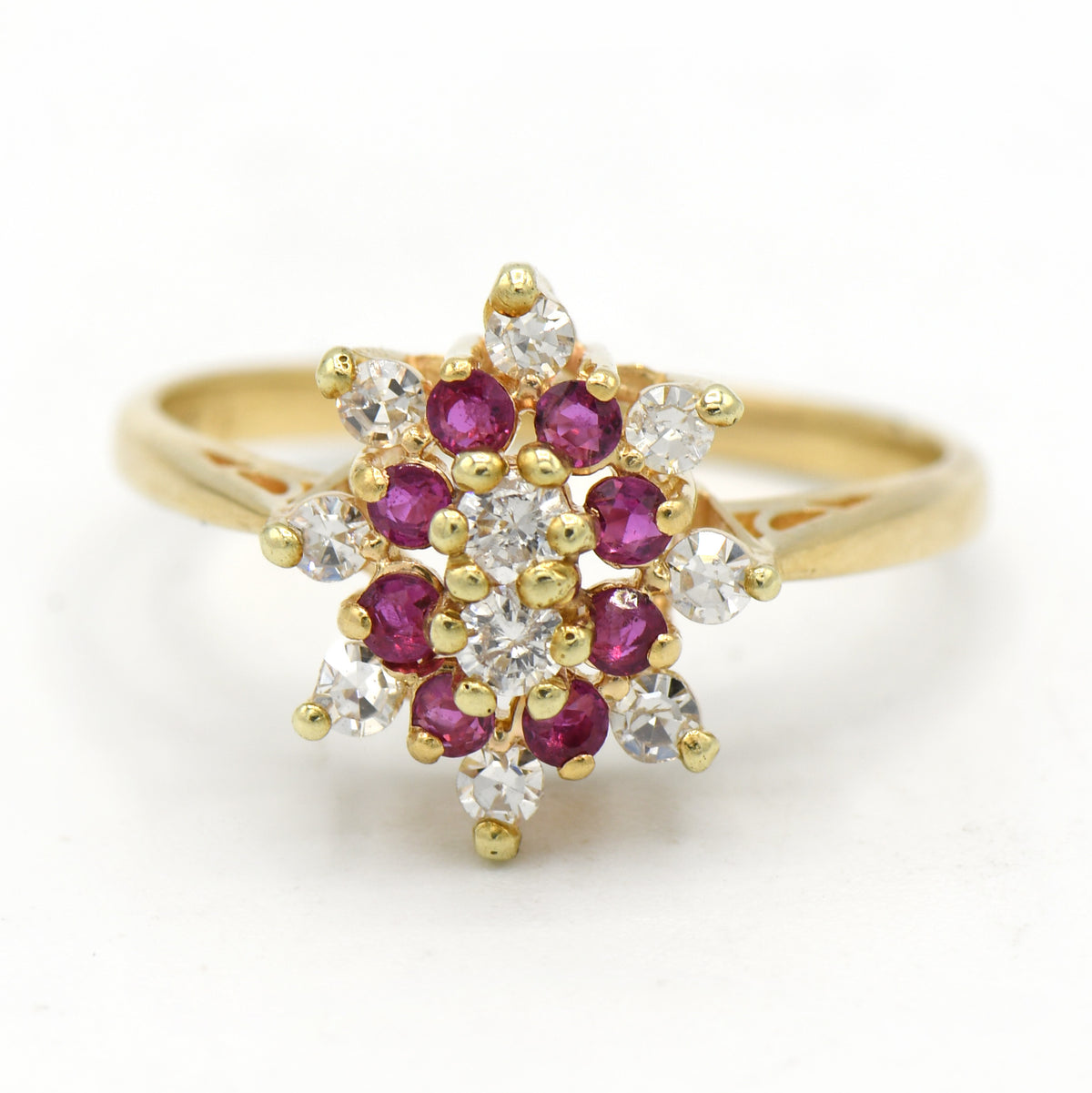 Ruby and Diamond Cluster Ring in 14k Yellow Gold Catherdral Mounting