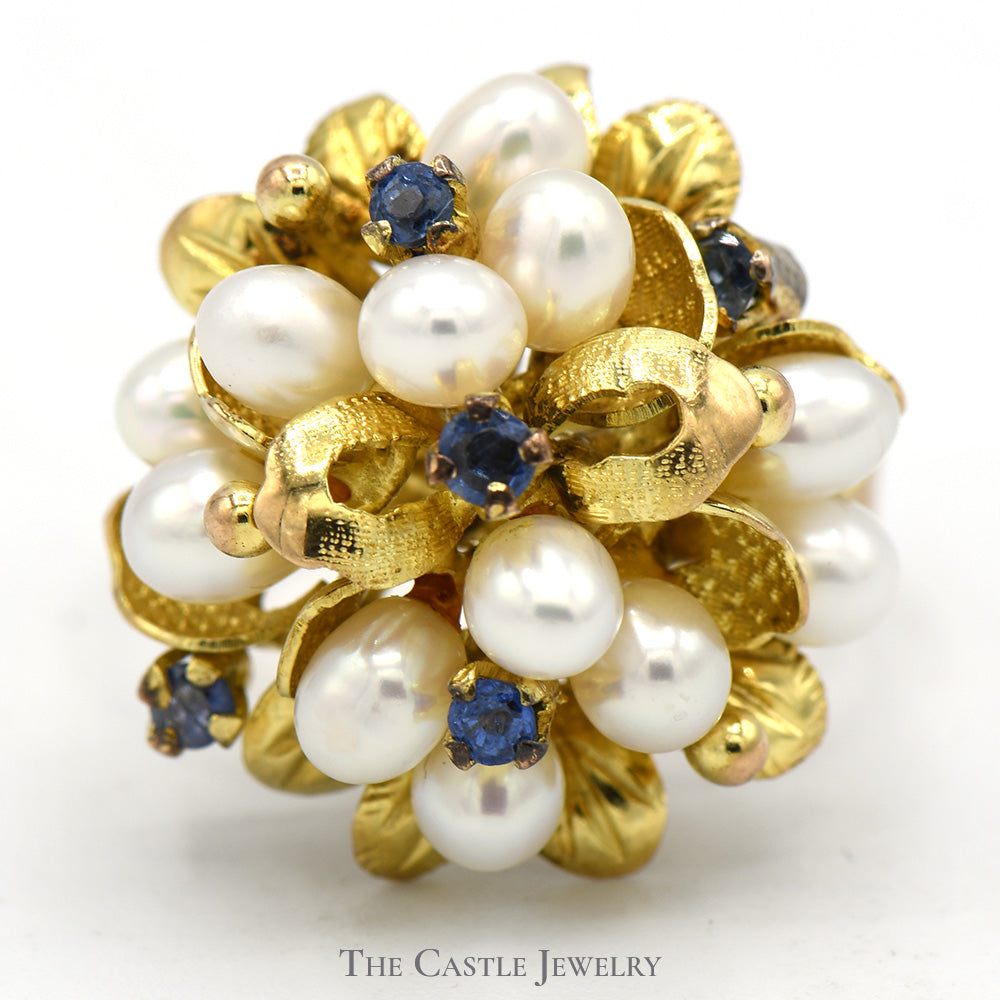 Pearl and Sapphire Flower Cluster Ring in 14k Brushed Leaf Designed Setting