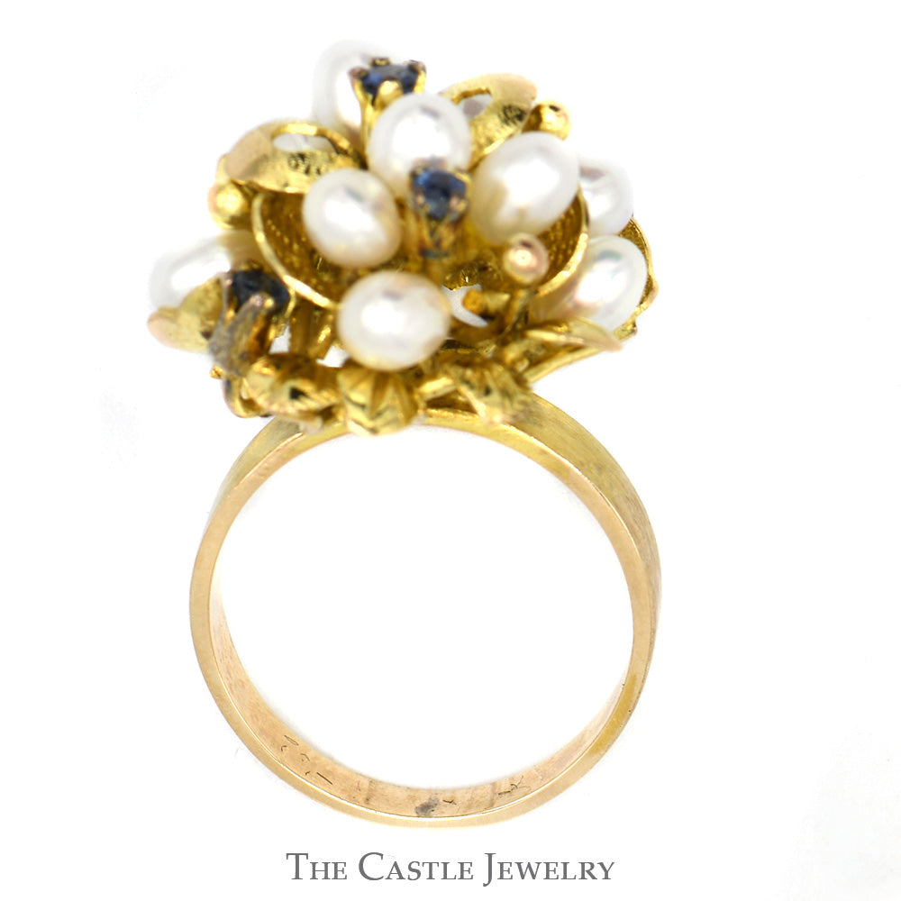 Pearl and Sapphire Flower Cluster Ring in 14k Brushed Leaf Designed Setting