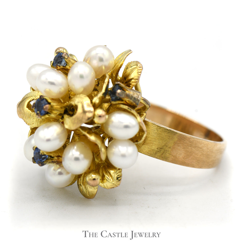 Pearl and Sapphire Flower Cluster Ring in 14k Brushed Leaf Designed Setting