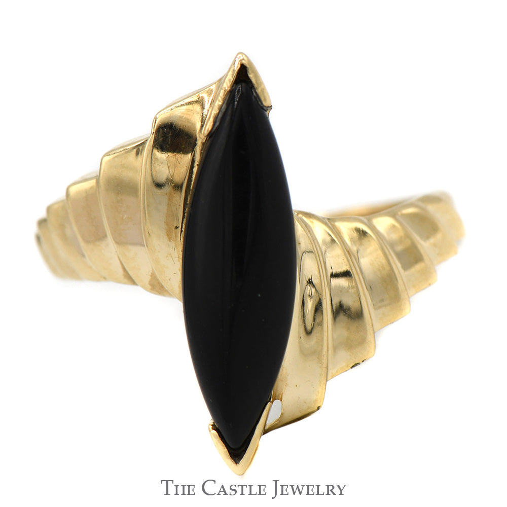 Marquise Shaped Black Onyx Ring with Ridged Bypass Sides in 10k Yellow Gold