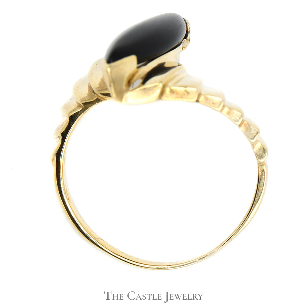 Marquise Shaped Black Onyx Ring with Ridged Bypass Sides in 10k Yellow Gold