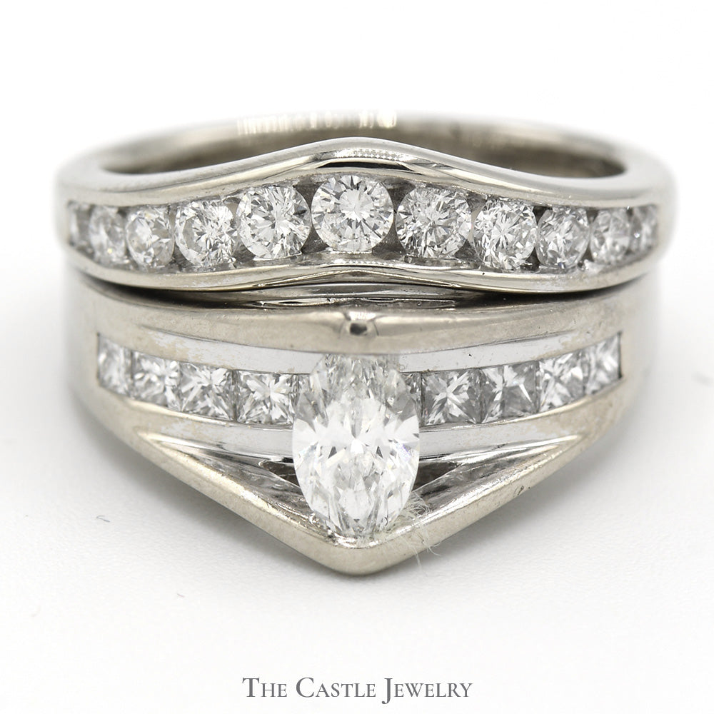 1.35cttw Marquise Cut Diamond Bridal Set with Accents and Matching Curved Band in 14k White Gold