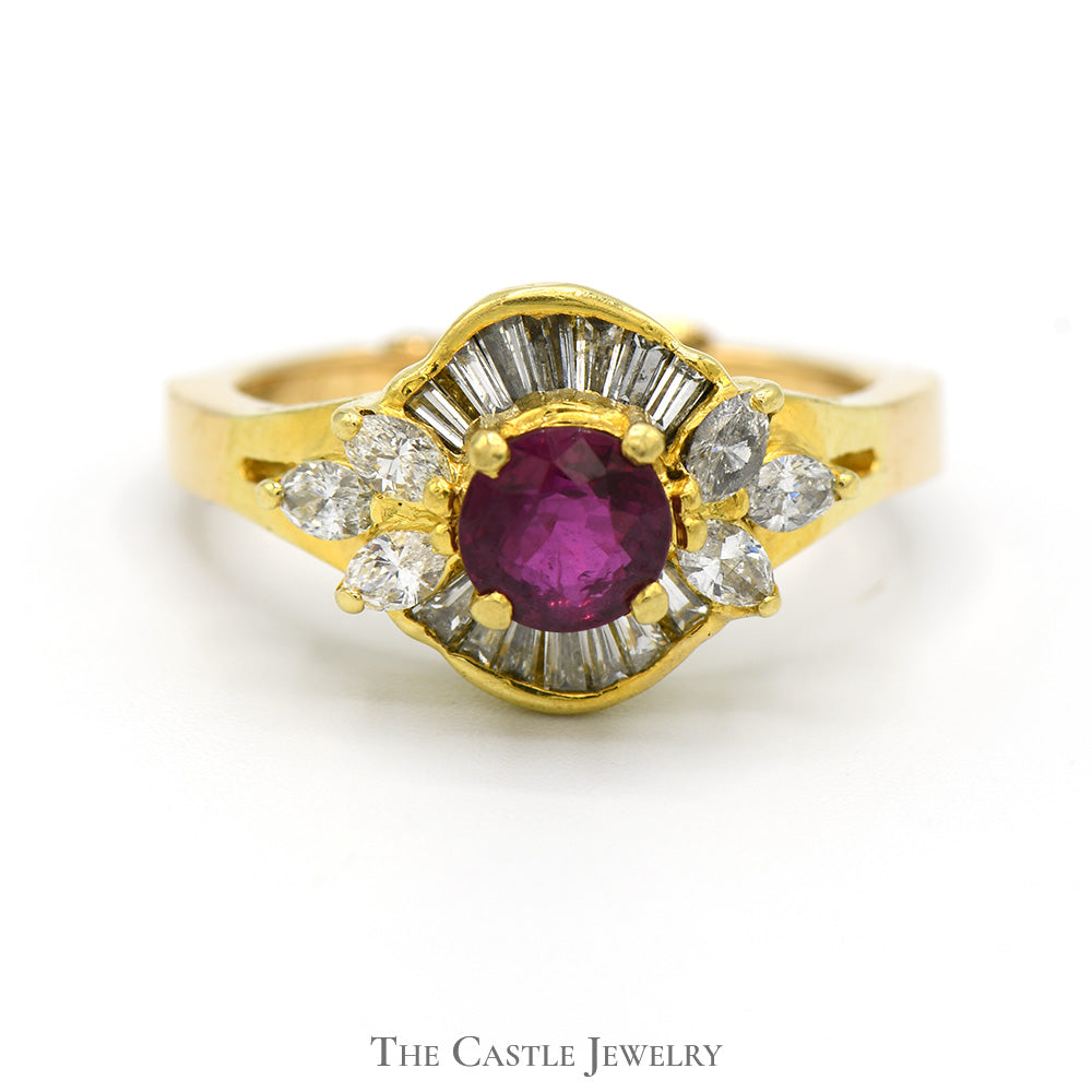 Round Ruby Ring with Baguette and Marquise Diamond Accents in 18k Yellow Gold Arthritic Shank Setting