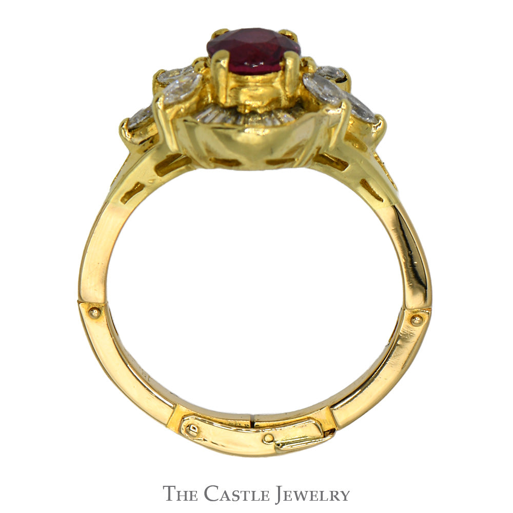 Round Ruby Ring with Baguette and Marquise Diamond Accents in 18k Yellow Gold Arthritic Shank Setting