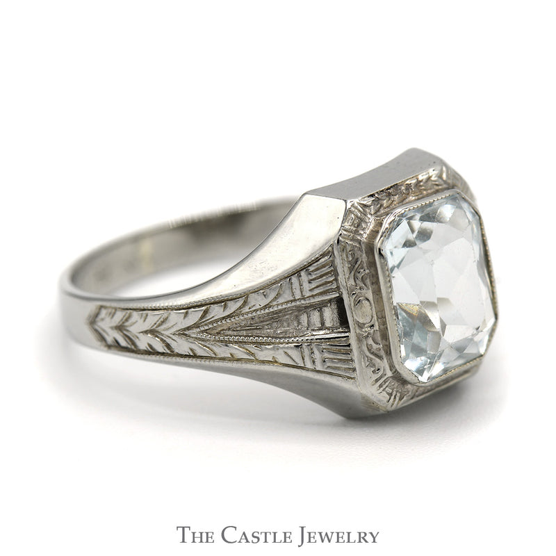 Bezel Set Radiant Cut Aquamarine Ring in 10k White Gold Antique Style Setting